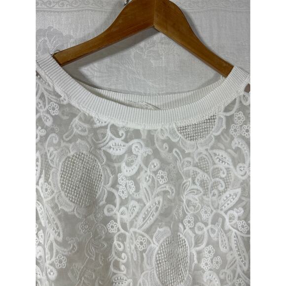 White Lace Crop Top Medium Roll Tab Sleeve - Picture 5 of 12